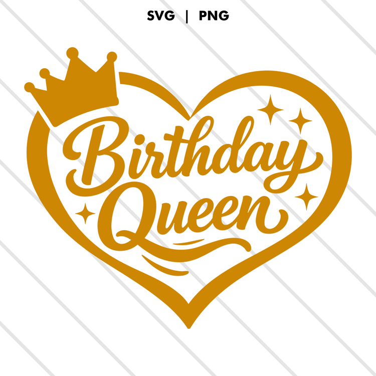 Birthday Queen heart design with crown and sparkles in elegant script lettering, perfect for birthday shirts and gifts