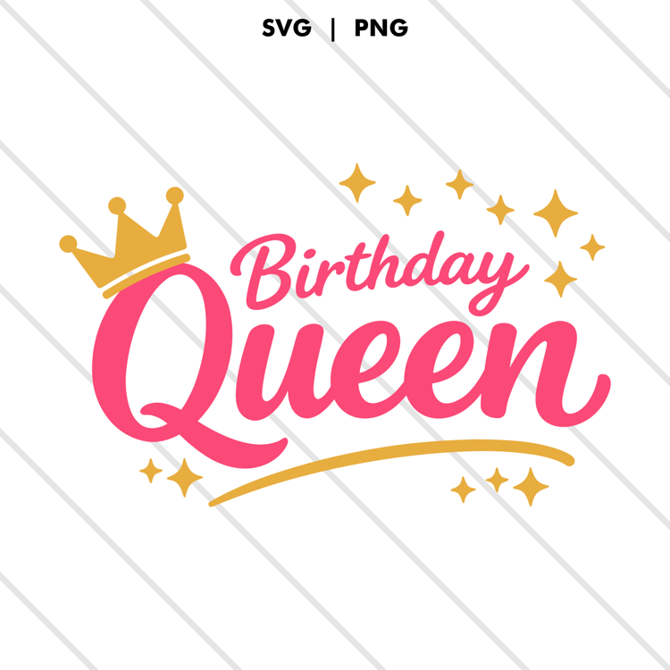 Birthday Queen script design with crown and sparkles in pink and gold colors