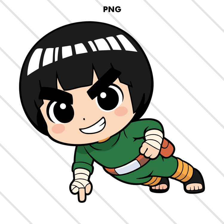 Chibi Rock Lee from Naruto performing one-hand push-ups in cute cartoon style, PNG with transparent background, ideal for anime fans and Naruto merchandise.