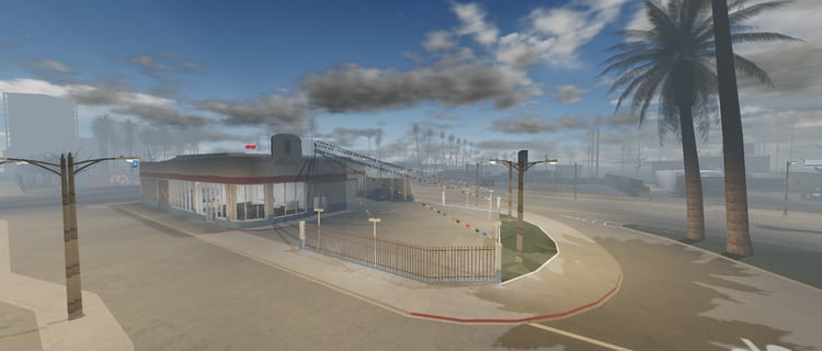 Close-up of detailed city architecture in USA-style Roblox map