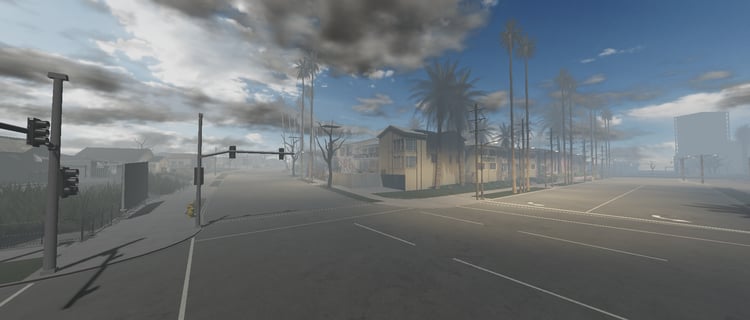 Urban road layout in a fog-filled realistic Roblox city