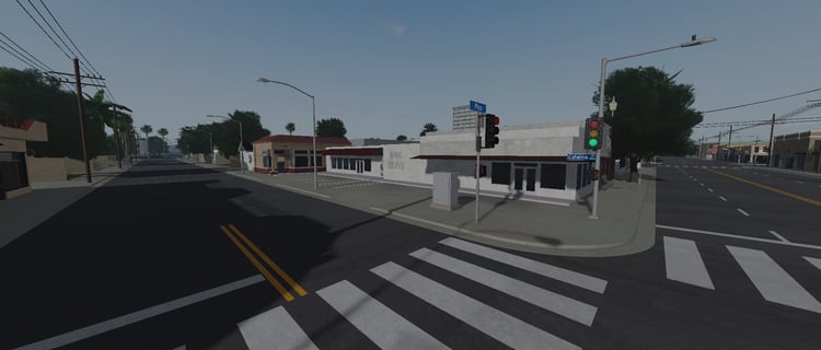 Sunset-lit Los Angeles city skyline in Roblox