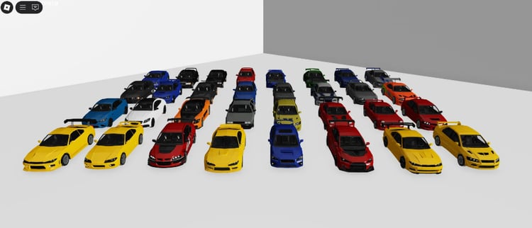 Side profile of multiple sedan vehicles in Roblox map