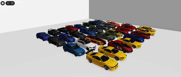 Sedan cars parked on urban streets in Roblox