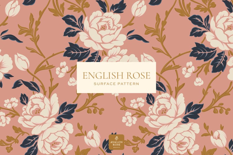 Pink cream navy and gold vintage rose pattern design with the words English Rose
