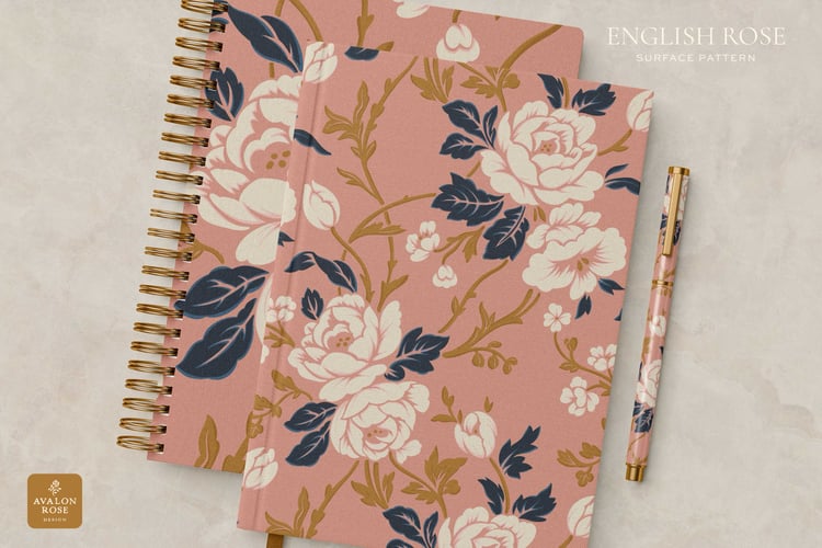 Pink white and navy rose pattern on notebooks