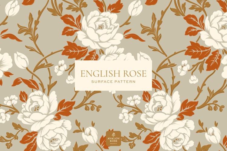 English rose surface pattern in beige mustard gold white and orange
