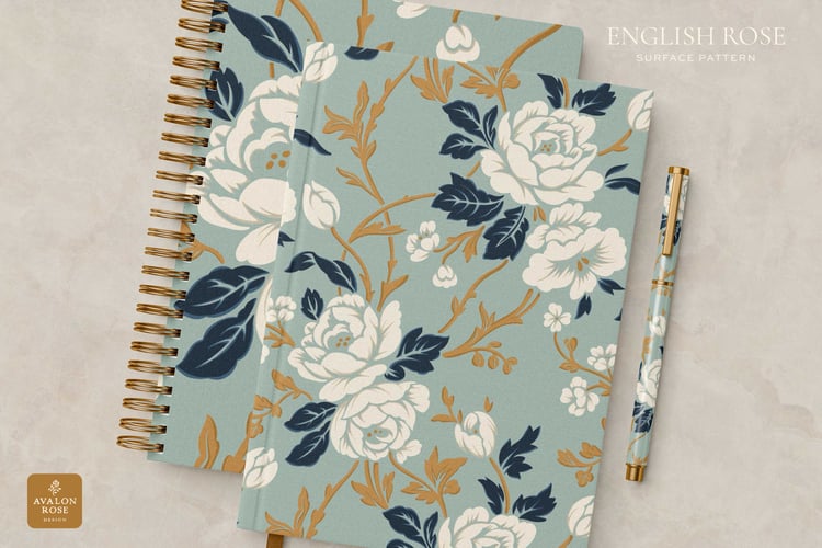 Notebooks with a navy blue gold and white vintage rose pattern