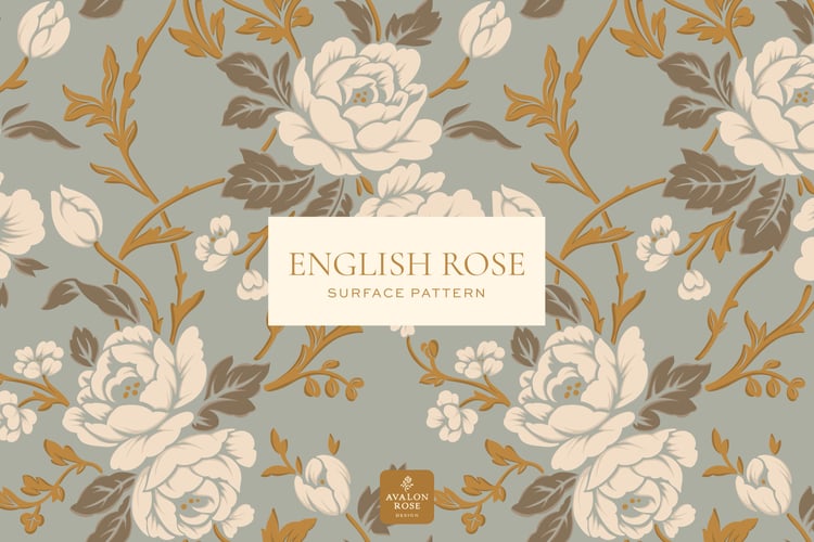 English rose surface pattern in muted blue cream and gold