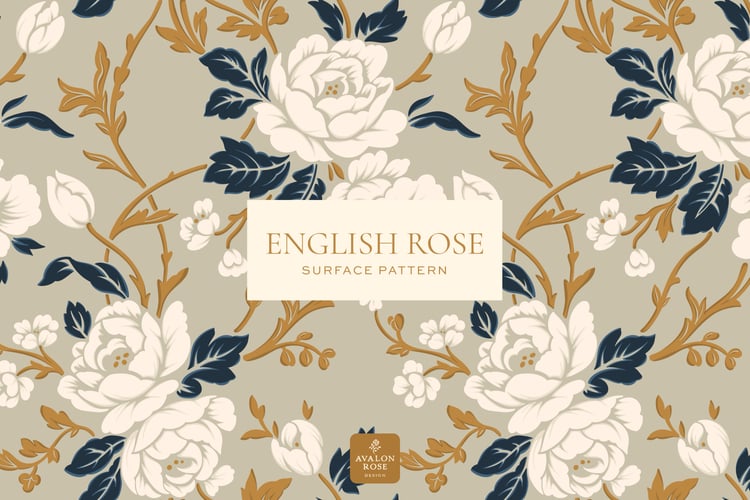 English rose surface pattern in beige, white, gold and navy