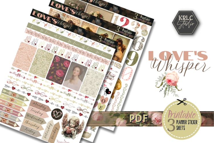Love's Whisper are 3 printable planner sticker sheets with romantic elements to print and cut for your paper journals and planners