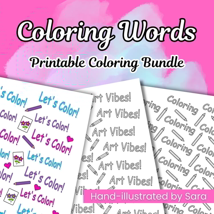 A cover image featuring three pattern coloring pages with art words. The text Coloring Vibes, Printable Coloring Bundle, and Hand-illustrated by Sara are on the image. The background is pink with a blue and pink watercolor splash.