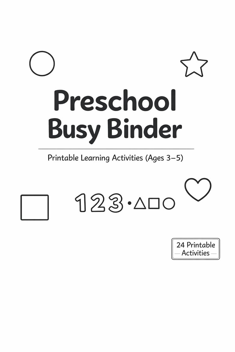 Preschool Busy Binder Printable - 24 Learning Activities for Ages 3–5 (Black & White PDF)