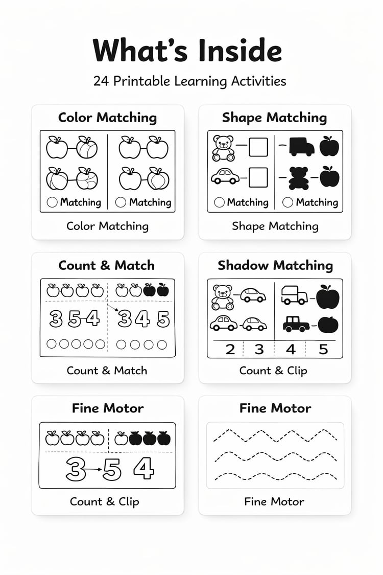 Preschool Busy Binder Printable - 24 Learning Activities for Ages 3–5 (Black & White PDF)