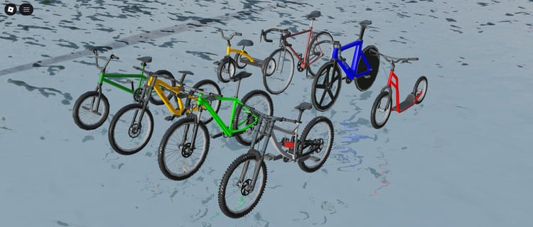 Stylish bike models lined up in Roblox city environment