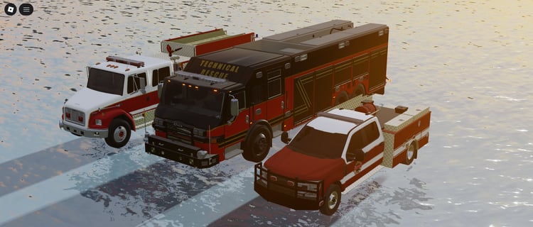 Realistic EMS trucks parked near a city station in Roblox