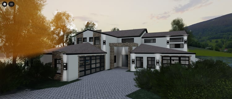 Spacious ranch house exterior with pool in Roblox