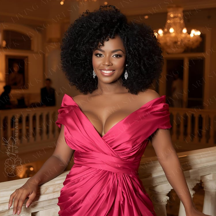 A vibrant portrait of a confident Black woman with voluminous natural afro curls smiling radiantly at the camera. She is wearing an elegant, off-the-shoulder fuchsia satin gown with intricate draping and a deep V-neckline. Her look is accessorized with sp