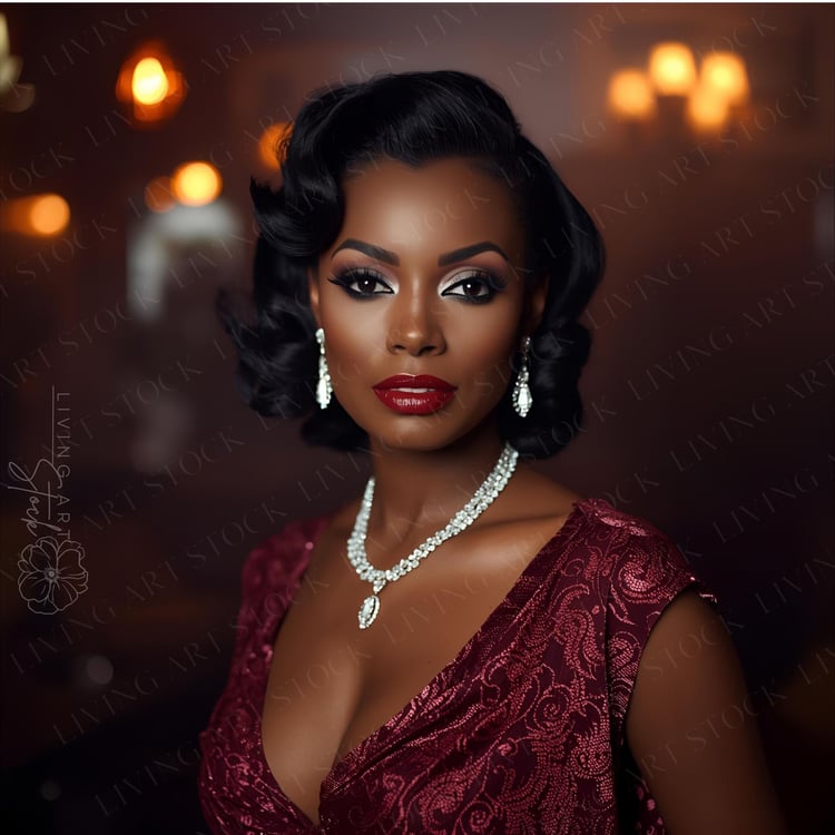 A striking and glamorous portrait of a Black woman with a radiant complexion and a serene, confident expression. Her hair is elegantly styled in voluminous, glossy retro waves that frame her face with a classic Old Hollywood flair. She is wearing a sophis