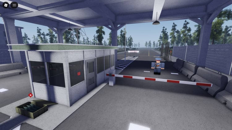 Town roads and structures in Papers Please–style map Roblox