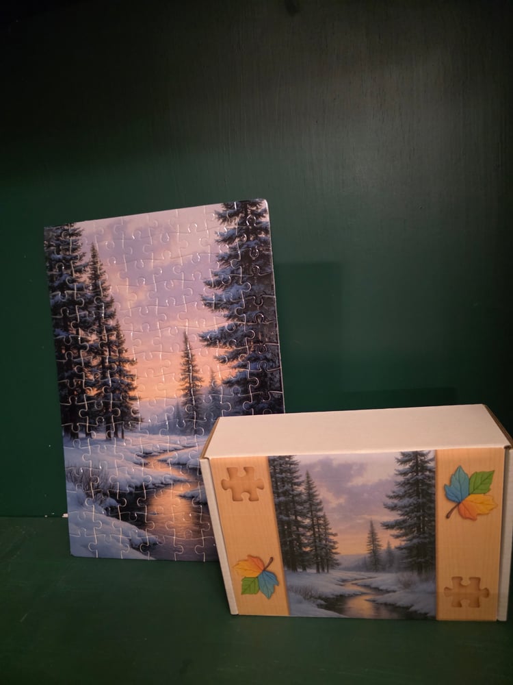 Diamond Winters 120-piece jigsaw puzzle with snowy forest and glowing winter sunset