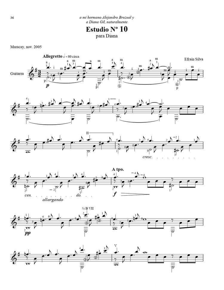 Study No. 10 Para Diana, Fifteen Venezuelan Studies, Quince Estudios Venezolanos, Alejandro Bruzual, Maracay 2005, Articulation, Musical Phrasing, Guitar Technique, Venezuelan Guitar School, Efraín Silva, Sheet Music.