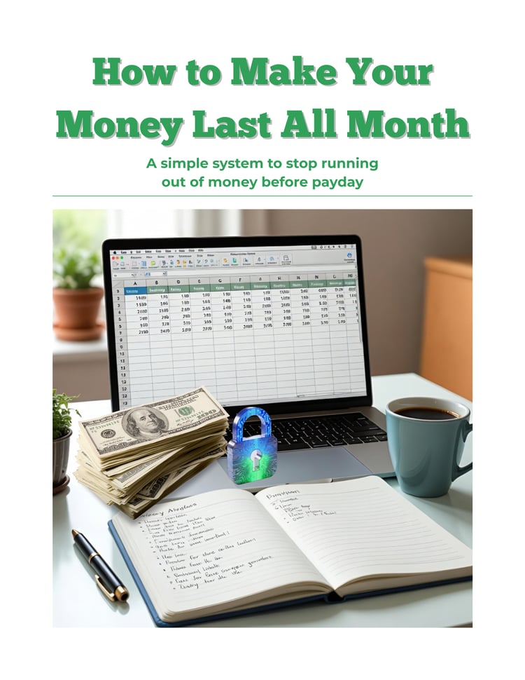 Laptop displaying a monthly budget spreadsheet, cash money on a desk, notebook with financial planning notes, and a cup of coffee representing money management.