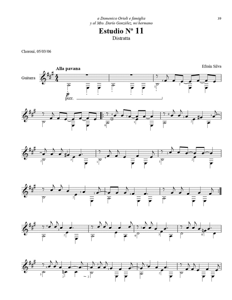 Study No 11 Distratta, Fifteen Venezuelan Studies, Quince Estudios Venezolanos, Choroni 2006, Basso Ostinato, Bolero Rhythm, Pavane, Dario Gonzalez, Domenico Orioli, Efrain Silva, Venezuelan Guitar School, Sheet Music, Estudio Nº 11 Distratta, Quince Estu
