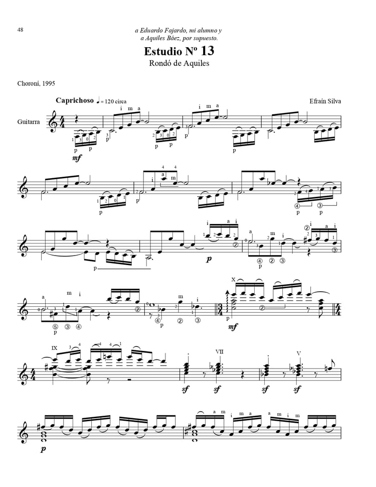 Study No 13 Rondo de Aquiles, Fifteen Venezuelan Studies, Quince Estudios Venezolanos, Aquiles Baez, Choroni 1995, Slurs, Ligados, Technical Study, Eduardo Fajardo, Efrain Silva, Venezuelan Guitar, Sheet Music.