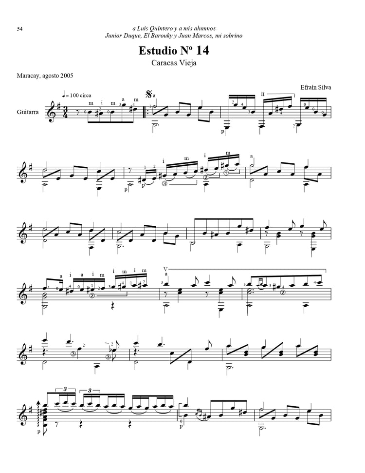 Study No 14 Caracas Vieja, Fifteen Venezuelan Studies, Quince Estudios Venezolanos, Luis Quintero, Billo Frometa, Virtuoso Guitar, Slurs, Ligados, Maracay 2005, Carlina Flores, Efrain Silva, Venezuelan Guitar School, Partituras.