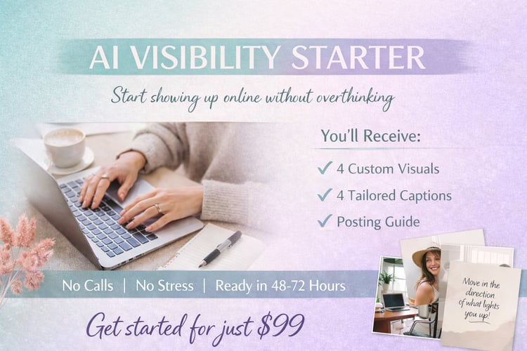 AI Visibility Starter product thumbnail showing a clean workspace and laptop representing done-for-you AI content support. AI Visibility Plus product thumbnail representing expanded done-for-you AI content support for consistent business visibility.