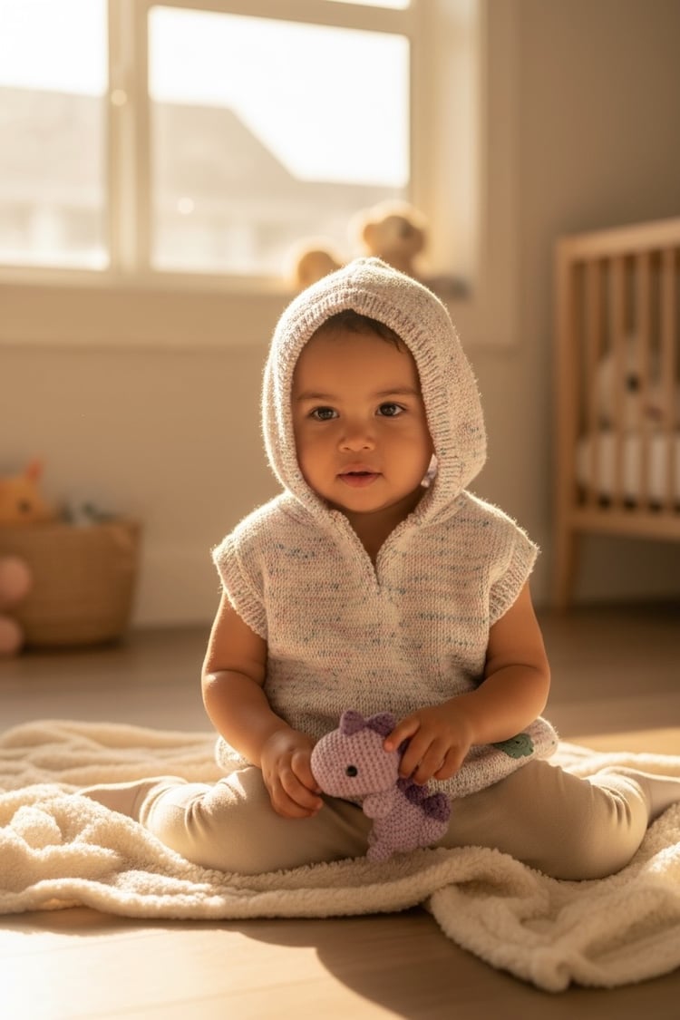 Small kid wearing the lovely vest while sitting at the floor and looking comfortable