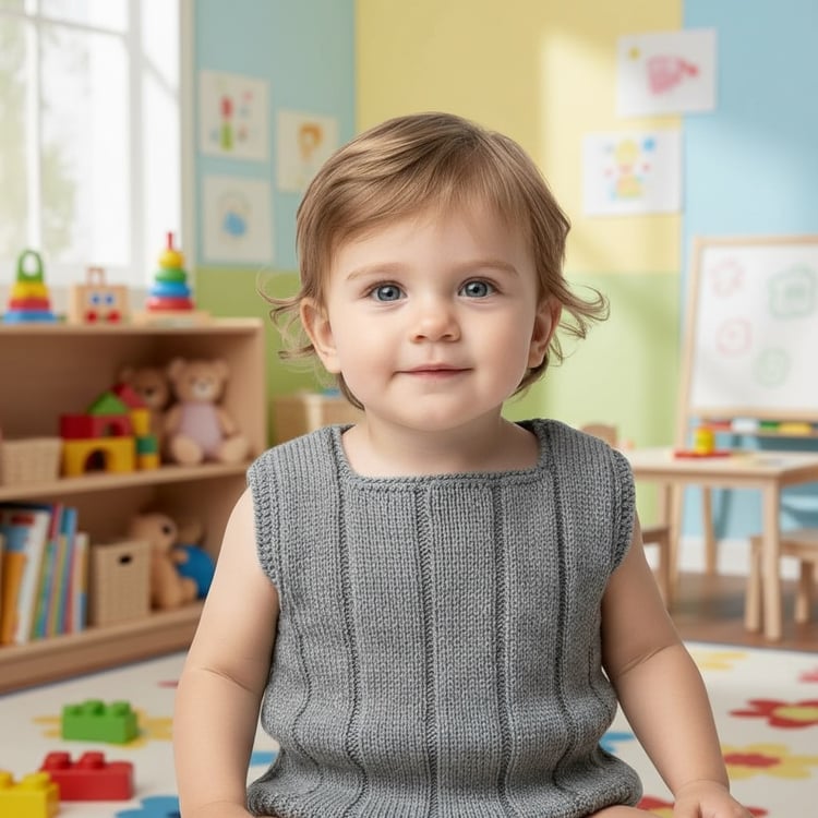 Little boy wearing a lovely gray carefully hand-knitted vest