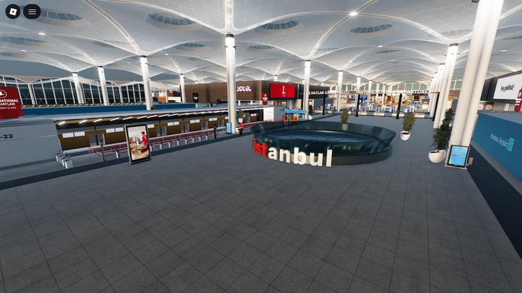 Detailed interior of Roblox airport with shops and lounge