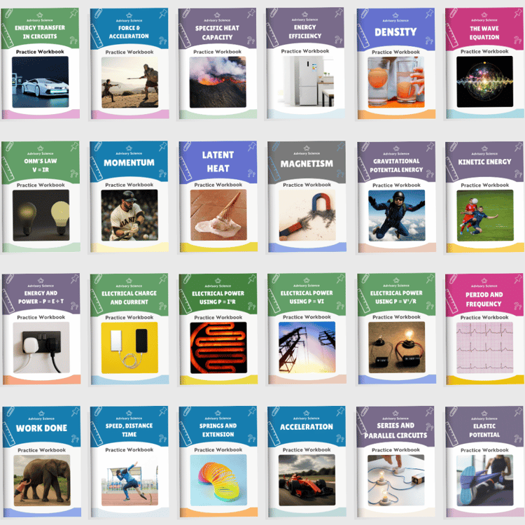 Collection of GCSE Physics calculation practice workbook covers showing a complete KS4 calculations set.