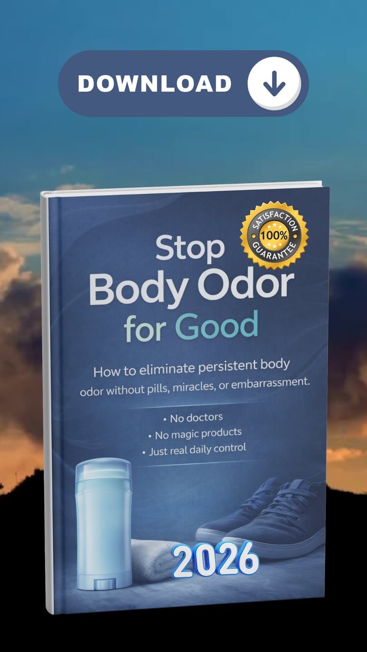 Cover of a discreet guide titled “Stop Body Odor for Good” showing a clean, minimalist design about eliminating persistent body odor naturally.