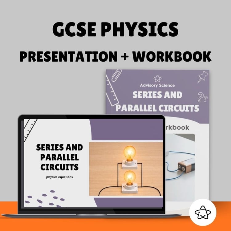 GCSE Physics lesson presentation displayed on a laptop alongside a matching calculation workbook, showing a series and parallel circuits topic.