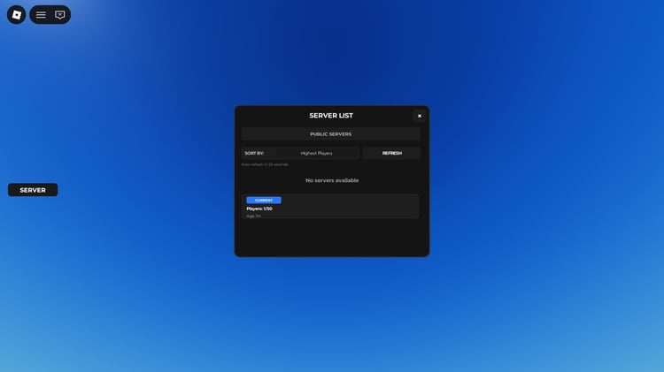 Roblox server list UI with interactive buttons