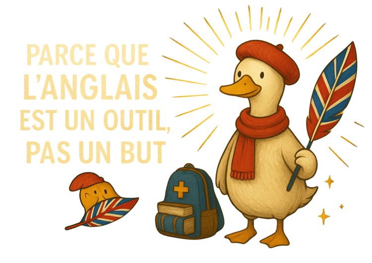 Parlez, comprenez et soignez en anglais partout dans le monde (parce que l'anglais est un outil, pas un but en soi). Niveau 3 des trois niveaux de formation  ligne d'anglais medical : Jacques de Canard avec la plume UK. “Jacques de Canard – mascotte du co