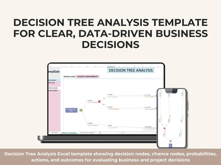 Decision Tree Analysis Excel template showing decision nodes, chance nodes, probabilities, actions, and outcomes for evaluating business and project decisions