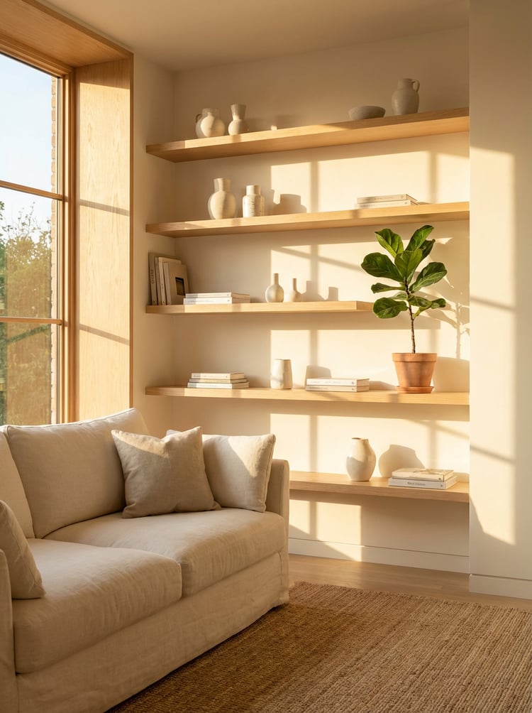 Modern minimalist living room featuring organized shelves and a peaceful indoor plant.