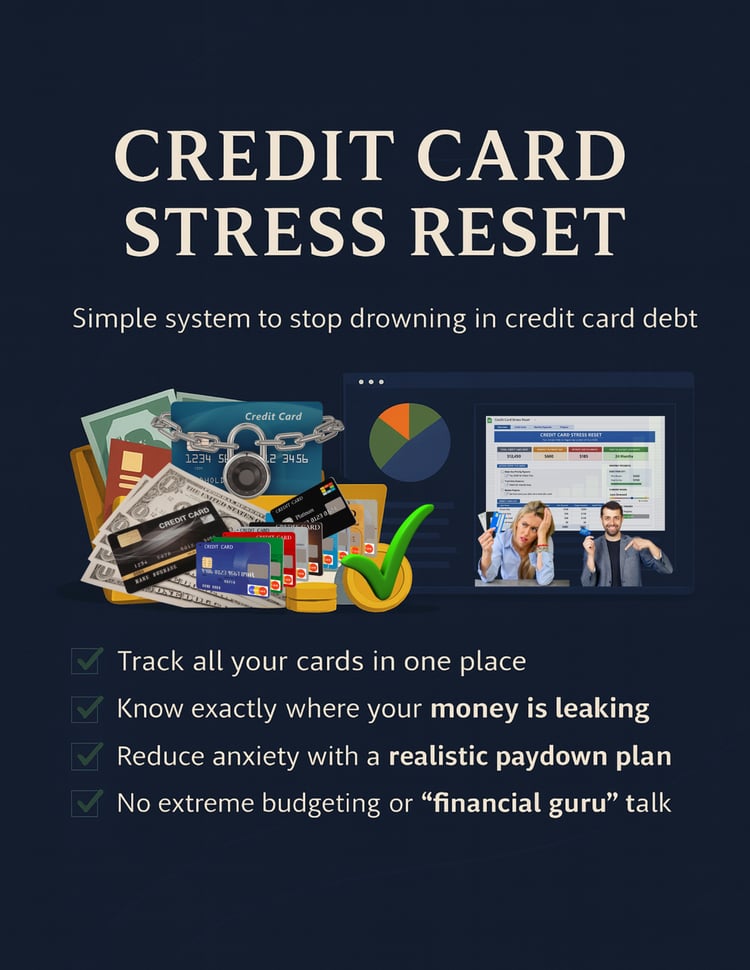 Cover image of Credit Card Stress Reset – 11-page guide to reduce credit card debt and manage payments, with charts and strategies for financial freedom.