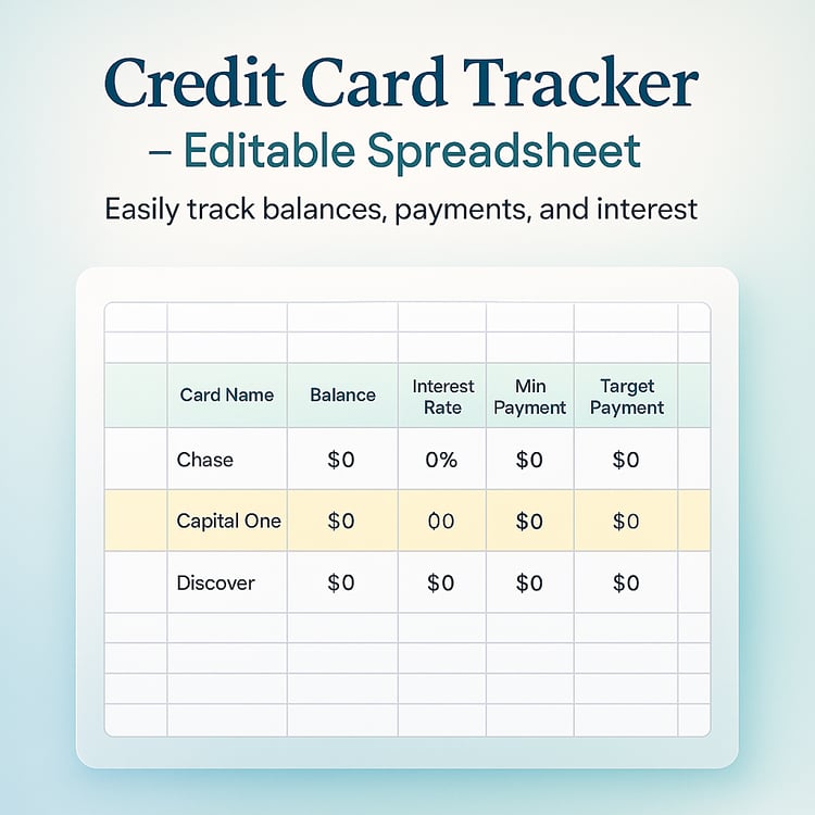 Mockup of Credit Card Tracker editable spreadsheet with example cards and payments