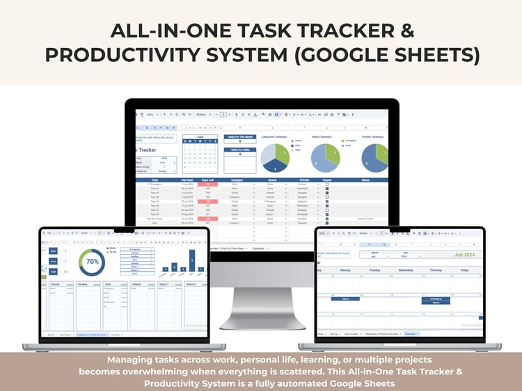 All-in-one Google Sheets task tracker dashboard showing task list, priority levels, status tracking, progress charts, and monthly calendar view.
