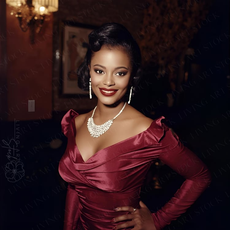 A stunning portrait of a sophisticated woman posing in a high-glamour setting. She is wearing a deep maroon or burgundy silk dress with a pleated off-the-shoulder neckline and long sleeves. Her look is elevated by a sparkling diamond statement necklace an