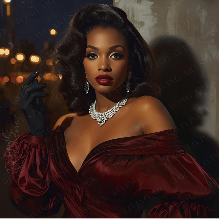 A cinematic portrait of a beautiful woman exuding luxury and mystery against a blurred city night background. She is wearing a voluminous, deep burgundy satin gown with an off-the-shoulder neckline and puffed sleeves. The look is accessorized with elegant