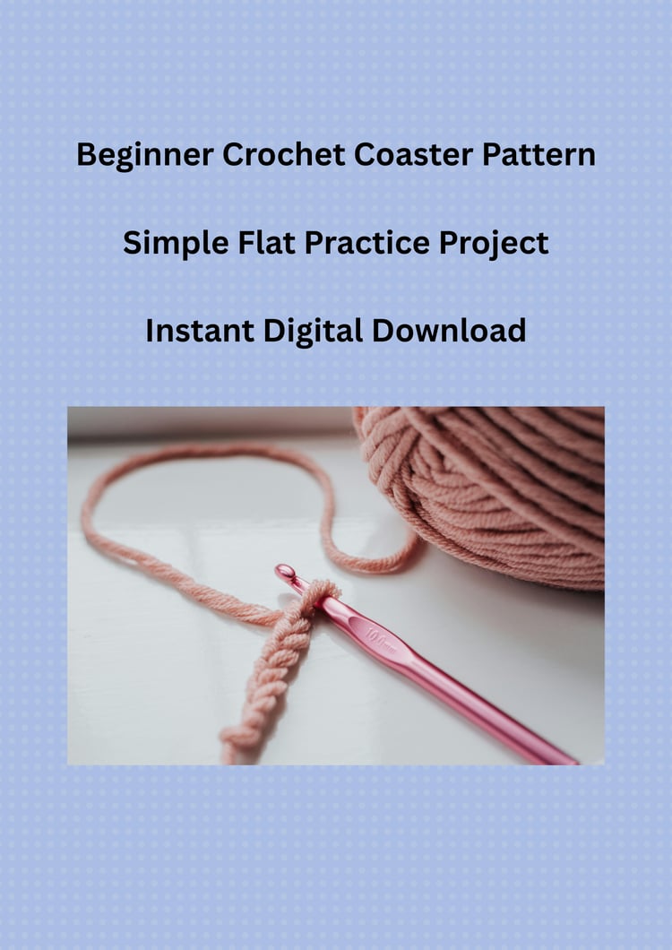 Beginner crochet coaster pattern PDF cover image showing yarn and crochet hook, simple flat practice project for beginners