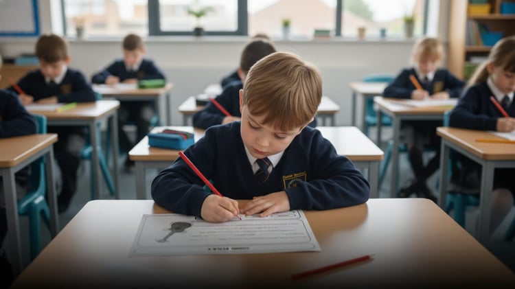 A boy in a classroom writing on a Gap fill worksheet