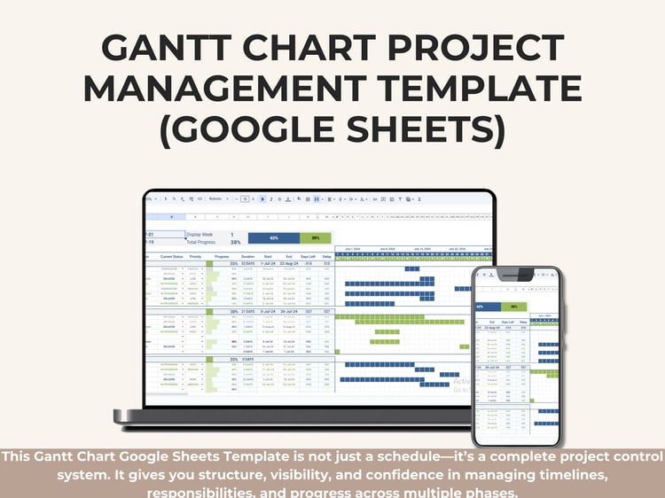 Gantt Chart project management template in Google Sheets showing project phases, task progress, priorities, timelines, and an automated visual Gantt chart dashboard.