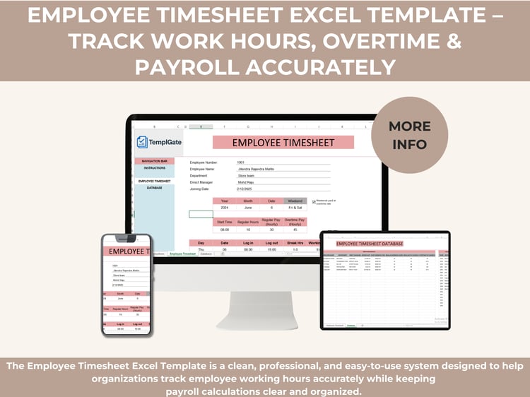 Employee Timesheet Excel Template showing employee details, daily working hours, overtime calculation, and payroll summary dashboard